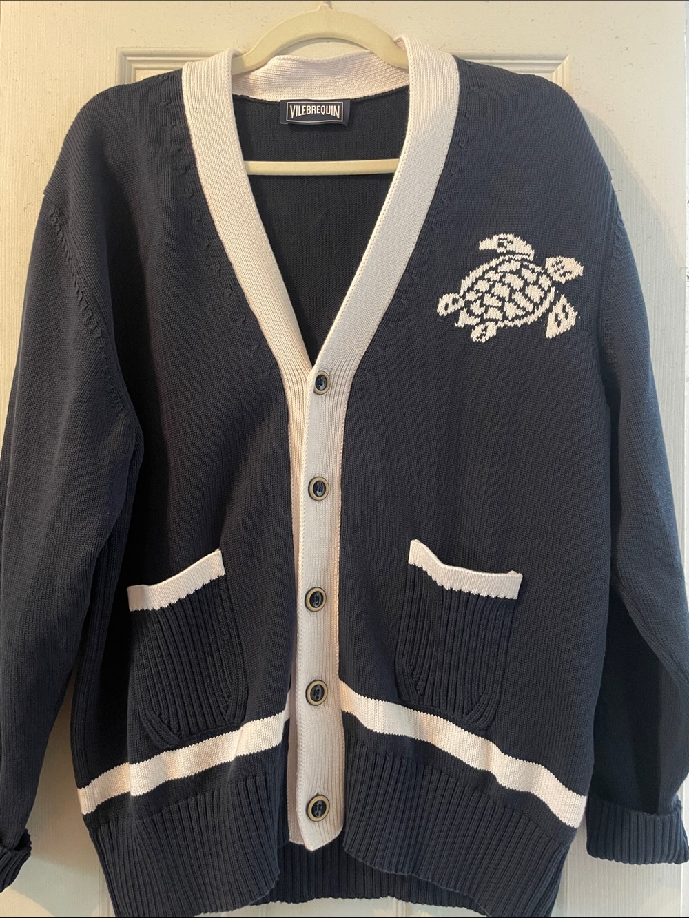 Vilebrequin Navy Cardigan with White Trim and Embroidered Logo